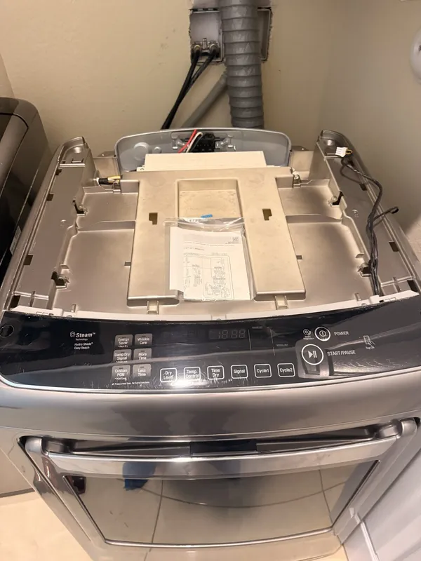 LG dryer with the top panel off